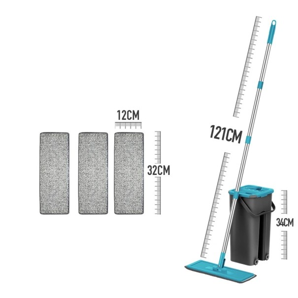 Dweil met emmer 2in1 Zelfwringend systeem Handvat 121cm Emmer 34x19x12cm Set van 4 hoezen Wasbare koppen Huishoudelijke schoonmaak blauw