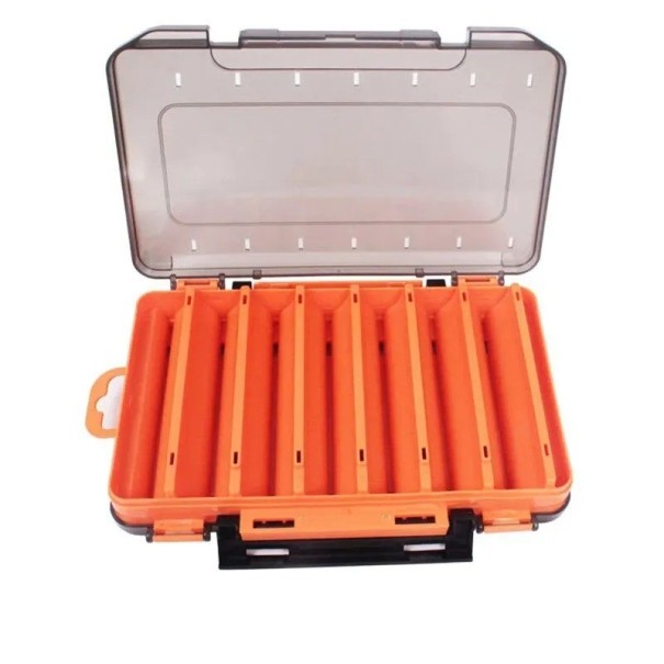 Dwustronna skrzynia do przechowywania haczyków i przynęt wędkarskich 19,5 x 13,5 x 3,5 cm Kompaktowa, przenośna skrzynia z przegródkami Organizer na akcesoria wędkarskie Wytrzymała plastikowa skrzynia na sprzęt wędkarski pomarańczowy