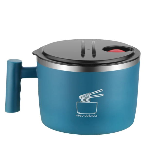 Dwuwarstwowa miska ze stali nierdzewnej z pokrywką z zaworem i uchwytem 1000 ml 8,5 x 15,5 cm Pojemnik na makaron instant Miska termiczna do podróży niebieski