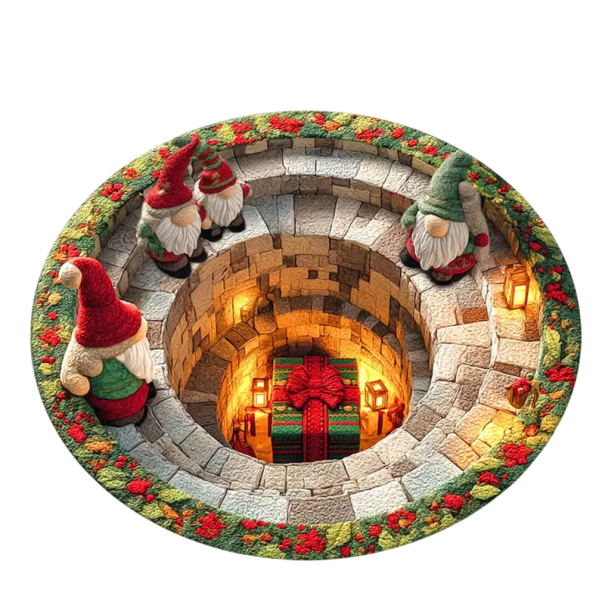 Dywanik świąteczny 80 x 80 cm Flanelowy zimowy dywanik do domu ze studnią, skrzatami, świątecznym tłem i prezentem Okrągła miękka dekoracja świąteczna 1