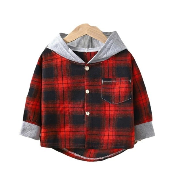 Dziecięca koszula w kratę z kapturem Czerwono-czarna Bawełna Poliester Kurtka dla dziewczynek i chłopców na wiosnę i jesień Stylowa kurtka z długim 2