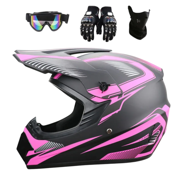 Dziecięcy kask motocyklowy z rękawiczkami i goglami, kask ABS z pełną twarzą i systemem wentylacji, maska przeciwsłoneczna, czarny nadruk różowy XL (59-60 cm)