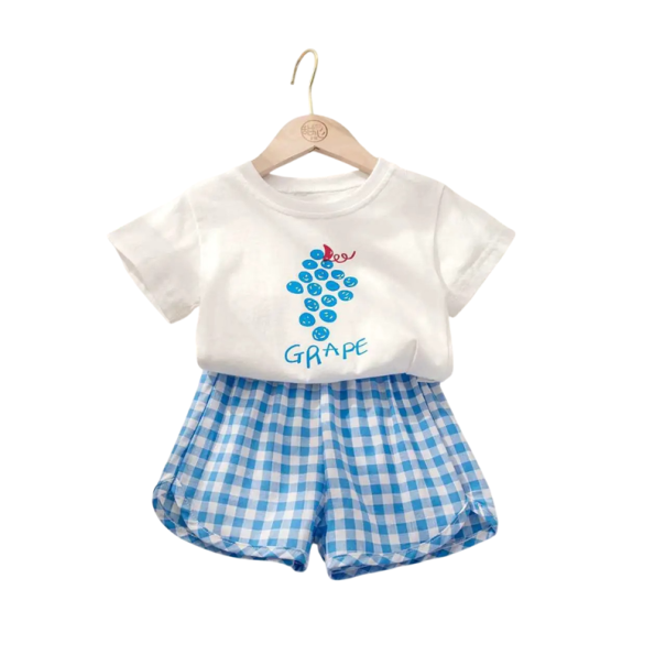 Dziecięcy letni zestaw: koszulka z krótkim rękawem i kratkowane szorty, O-neck, owocowy nadruk, wygodne ubranie dla dziewczynek niebieski 12-24 miesięcy