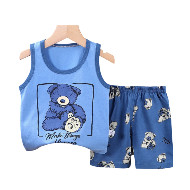 Dziecięcy niebieski zestaw z misiem, top z szerokimi ramiączkami i szorty na gumie, unisex, bawełniany letni komplet 6-9 miesięcy