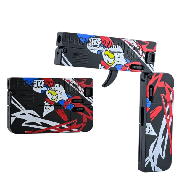 Dziecięcy rozkładany pistolet z nabojami 11,5 x 11 cm w stanie otwartym 8,5 x 1,3 x 5,5 cm w stanie zamkniętym Czarna plastikowa zabawka z motywem ptaka 1