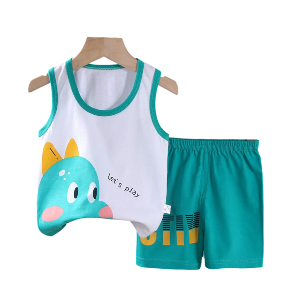 Dziecięcy turkusowy zestaw z dinozaurem, top z szerokimi ramiączkami i szorty na gumie, unisex, bawełniany letni komplet 8