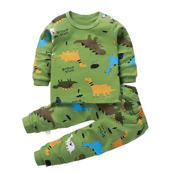 Dziecięcy zielony zestaw z nadrukiem dinozaurów, koszulka z długim rękawem, spodnie na gumie, unisex, bawełniana wygodna souprawa 9-12 miesięcy