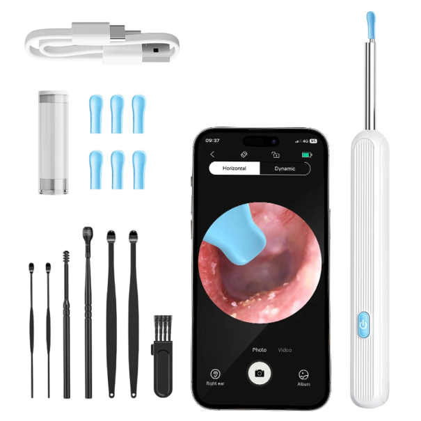 Ear Cleaning Set with HD WiFi Camera Otoscope Various Silicone Tips LED Light 6-Axis Gyroscope Mobile App Hygienic Care white