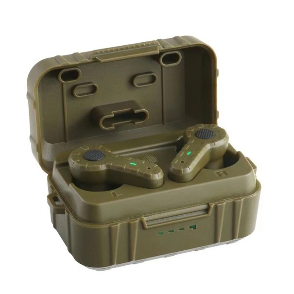 Écouteurs sans fil avec réduction de bruit enregistrement audio batterie externe en forme de caisse militaire autonomie 8-13 heures amplification du volume charge USB vert armée