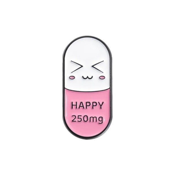 Écusson émaillé en forme de capsule avec visage 3 × 1,3 cm broche en métal blanc-rose inscription HAPPY 250mg motif dessiné accessoire pour sac à dos 1