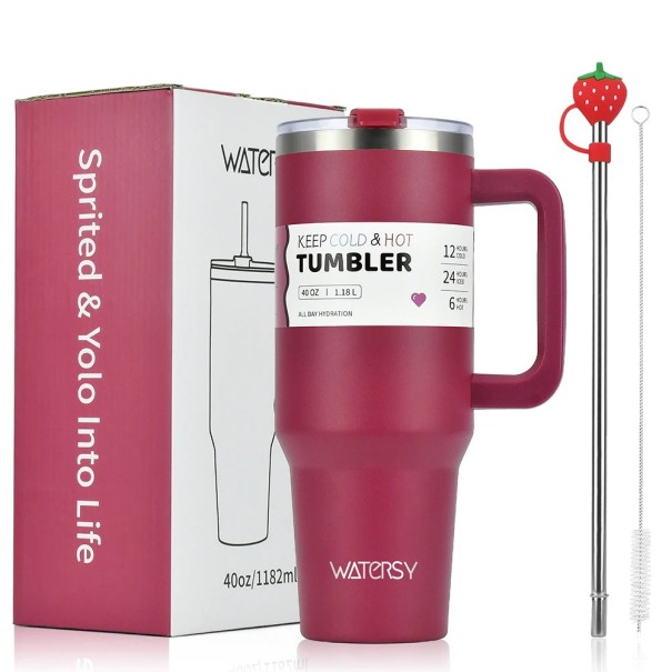 Edelstahl-Thermoskanne 1200 ml mit doppelter Vakuumwand Großer Thermosbecher für Kaltgetränke DIY-Glas mit Strohhalm und Deckel Geschenkbecher weinrot