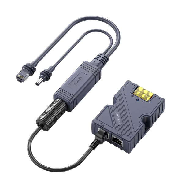 EDUP SK0089 PoE injektor a rozbočovač 150 W pro Starlink Mini 83,5 x 58 mm a 105 x 28 mm s porty POE i LAN šedý na napájení přes ethernet 1