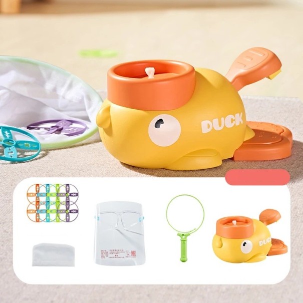 Eend met schijven voor voetbediening 11 x 19 x 9 cm ABS voor binnen- en buitenspel met schijven Set van 8 schijven met net en beschermschild Speelgoed voor kinderen geel