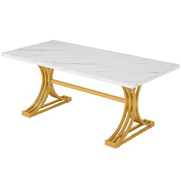 Eettafel 160 x 80 x 75 cm voor 4 tot 8 personen met een witte tafelblad in marmerdecor en gouden gebogen poten met een dwarsbalk 1
