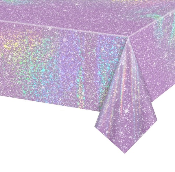 Egyszer használatos műanyag asztalterítő Lila holografikus 137 x 274 cm Születésnapi dekoráció Leánybúcsúra 1