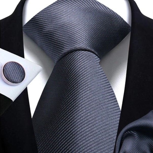 Egyszínű nyakkendő, zsebkendő és mandzsettagomb készlet 148 x 7,5 cm Elegáns férfi szett esküvőkre, hivatalos eseményekre és üzleti találkozókra sötét szürke