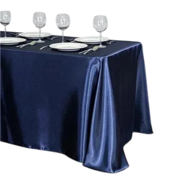 Egyszínű selyem asztalterítő 145 x 180 cm Fényes ünnepi asztalterítő Dekoráció esküvőkre és ünnepségekre Elegáns terítés Különböző színek sötétkék