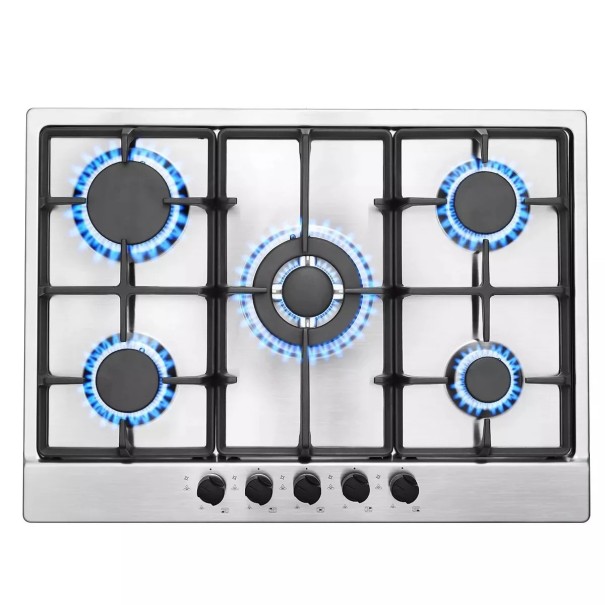 Einbau-Gas-Kochfeld 5 Brenner Wok 3,4 kW Edelstahl Gusseiserne Gitter Automatische Zündung Sicherheitsventil 68 x 50 cm NG und LPG