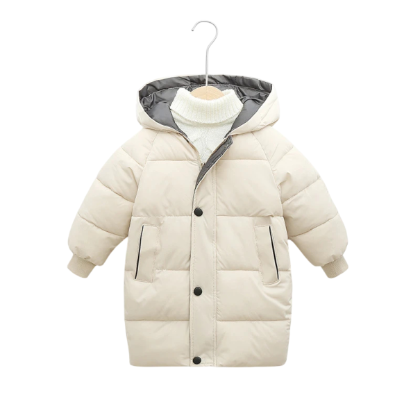 Einfärbige Kinderwinterjacke mit Kapuze Reißverschluss- und Druckknopfverschluss Taschen Warme Baumwoll-Polyesterjacke für Kinder Bequeme Winterjacke weiß 8