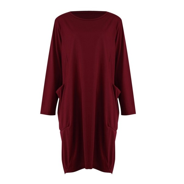 Einfarbiges Damenkleid mit Taschen weinrot 3XL