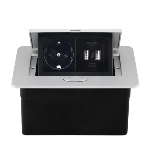 Eingebaute ausziehbare Steckdose 1× EU + 2× USB A + 1× USB C 153 × 117 mm Aluminiumgehäuse 250 V mit sanftem Auszug für die Arbeitsplatte schwarz-grau