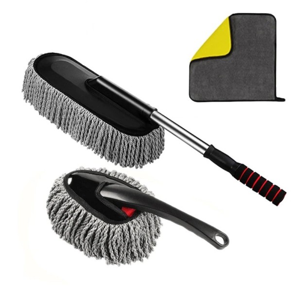 Einziehbarer Autowaschmopp aus Kunststoff, Mikrofaser, 3er-Set, lange Bürste, kleine Bürste, Handtuch, Karosseriereinigung, streifenfreies Waschen, Autozubehör grau