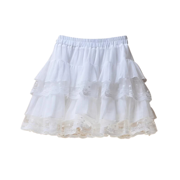 Elastická gotická mini sukňa z čipky Sexy čierna sukňa s volánikmi Čipkový punk štýl Vintage krátka sukňa s elastickým pásom biela M