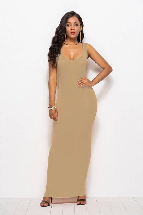 Elastische maxi-jurk kaki M