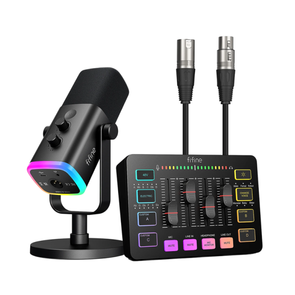 Elävä audio mixauspöytä PC:lle RGB-valaistuksella, äänenmuutoksella, ääniefekteillä, melunvaimennuksella, XLR-mikrofonilla ja USB-liitännällä musta