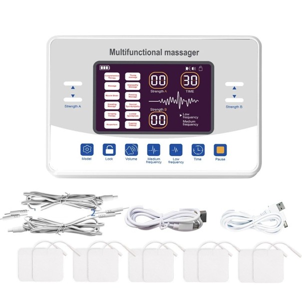 Electroestimulador muscular y nervioso 12 modos Masajeador de baja frecuencia con electrodos Alimentación USB 1