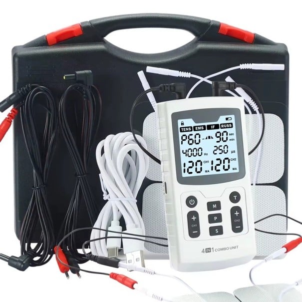 Electrostimulator de mușchi TENS EMS IFC RUSS 4in1 60 programe 4000 Hz 2 canale ecran LCD ameliorare a durerii și reabilitare musculară alb