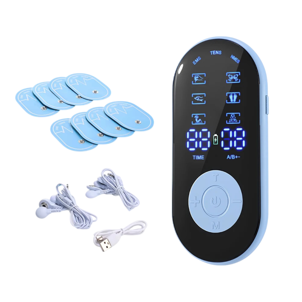 Electrostimulator de mușchi TENS EMS NEMS 18 moduri 30 niveluri 12,7 cm USB-C reîncărcabil albastru masaj cu două canale pentru durerile de spate și mușchi