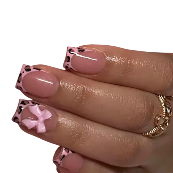 Elegância francesa leopardo 24 pcs Unhas acrílicas quadradas Dicas completas 12 tamanhos Aspeto realista com laços para salão e casa 1