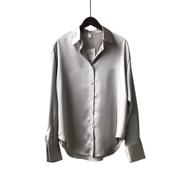 Elegancka satynowa damska koszula z kołnierzykiem Luźny krój z guzikami Jednokolorowa bluzka z poliestru Stylowy top do pracy i na co dzień szary S
