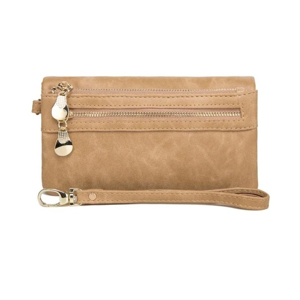 Elegancki damski portfel wykonany z najwyższej jakości skóry ekologicznej 18,5x3x9,5 cm, ponad 12 przegródek, kieszonki na monety, odpinany pasek, okienko na zdjęcie beżowy