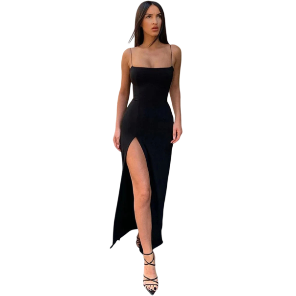 Elegáns, hosszú ruha vékony pántokkal Bodycon szabású, magasan hasított négyzet alakú nyakkivágás Minimalista estélyi viselet bulira fekete L