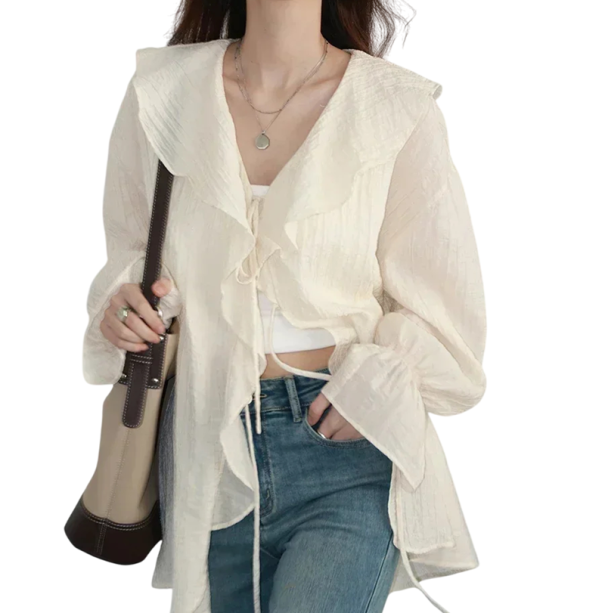 Elegant blus för kvinnor med volanger och krage Enfärgad skjorta med lång ärm Snörning med band Stilig topp i nylon och lyocell beige S