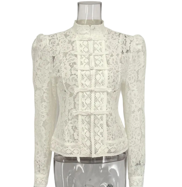 Elegant blus i spets för damer med krage Enfärgad blus med knäppning i knappar Stilfull topp i lätt polyester för arbete och fritid beige S