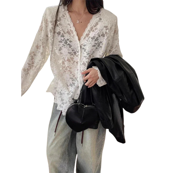 Elegant blus med lång ärm i spets för damer Genomskinlig blus med V-ringning och knappstängning Enfärgad topp i polyester vit