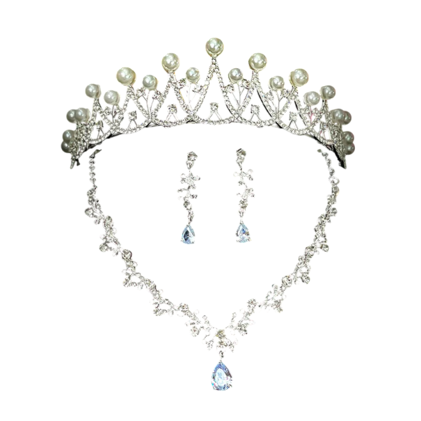Elegant bryllupssæt med diadem, halskæde og øreringe med perler, luksuriøs dameskrone, hårtilbehør, smykkesæt til brude og festligheder 1