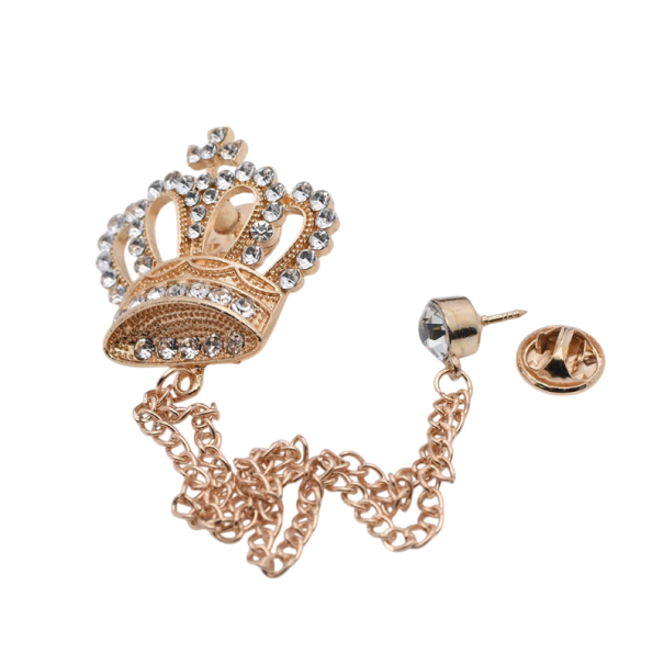 Elegant Crown Brooch with Stones Gold Decorative Pin Badge with Chain Accessory for Jacket Coat 1