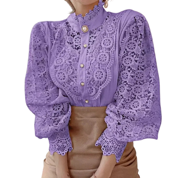 Elegant damebluse i lace med flæser og krave Enfarvet skjorte med lange ærmer og knaplukning Stilfuld top i bomuld og polyester lilla S