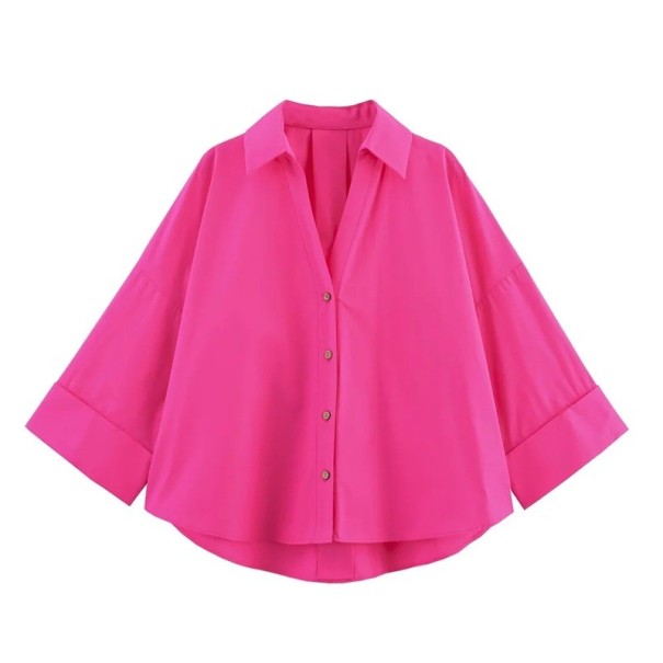 Elegant damebluse med korte ærmer Enfarvet skjorte med krave og knaplukning Let løs top i polyester til arbejde og fritid rosa XS
