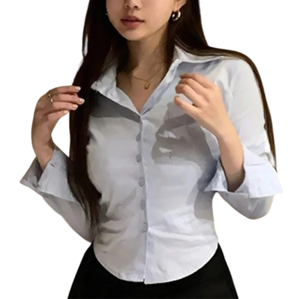 Elegant dameskjorte med lange ærmer, nedadgående krave, knapper, lomme, formel stil til arbejde og møder. blå L