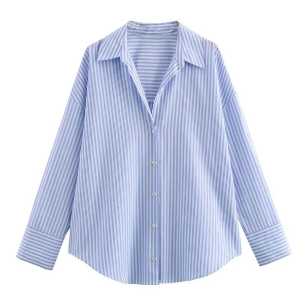 Elegant lång randig damskjorta med krage och knappar Långärmad Randig blus för arbete och fritid Snygg och luftig XS