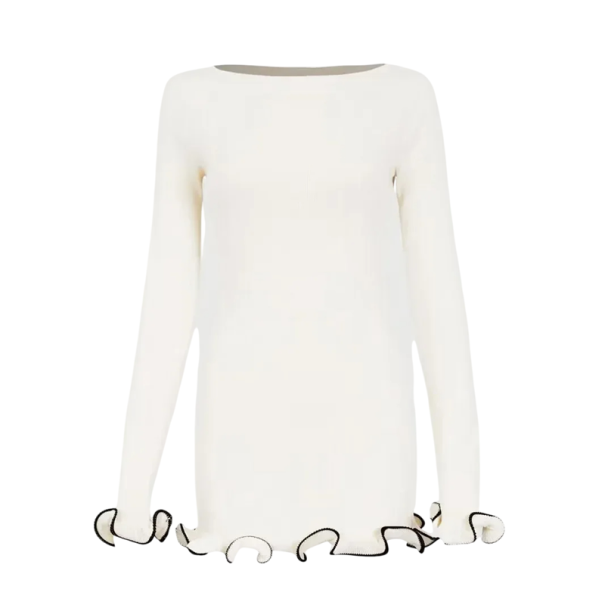 Elegant Mini Dress with Long Sleeves Wavy Hem on Sleeves and Hem Simple Cut Fitted Style Stretch Material white S