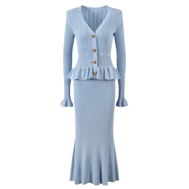 Elegant Ribbed Knit Dress with Gold Buttons V-Neck Long Sleeves Ruffled Hem Formal Knitted Dress for Autumn and Spring blue