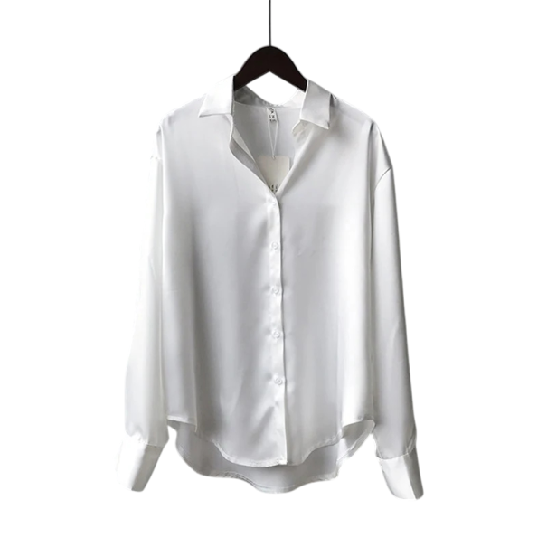 Elegant satinblus för damer med krage Löst snitt med knappar Enfärgad blus i polyester Stilig topp för arbete och fritid vit M