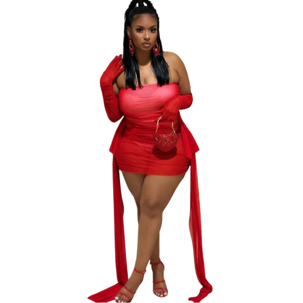 Elegant stropløs minikjole med transparent tyl Lange bindetørklæder Plus size festkjole til fest eller fejring rød M