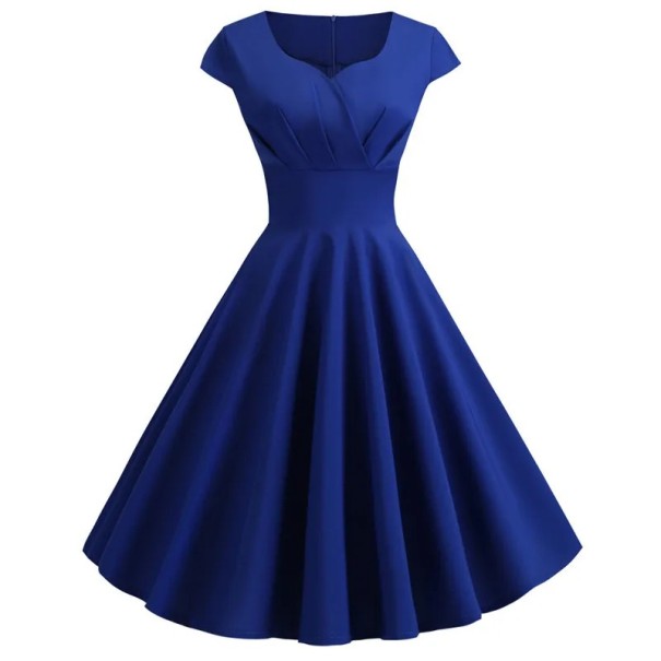 Elegant vintageklänning med djup halsringning och korta ärmar. Upphöjd midja. Rund halsringning. Delikat veck. Snygg retro damklänning. gul L